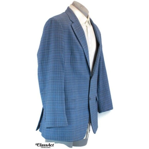 Nautica Mens Sport Coat Blazer Navy Blue Plaid 2 Button Stretch Dual Vent 46R - Picture 1 of 9